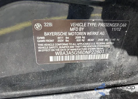 2013 BMW 328I from USA, damaged, VIN WBA3A5G56DNP22801